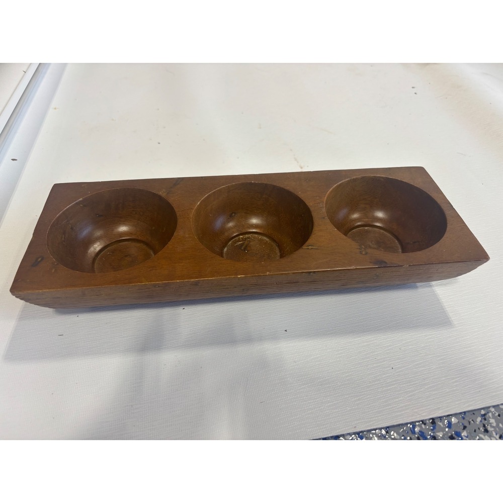 Vintage Hand Carved Wooden 3 Compartment Snack Server Condiment Candle Holder